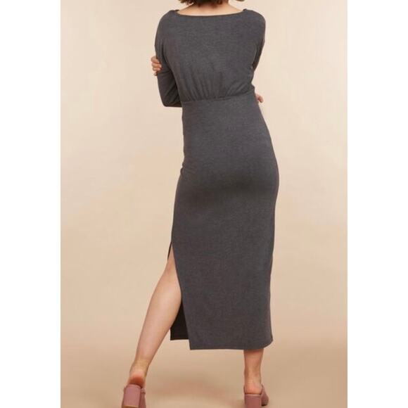 Mimi Maternity Dress Large Gray Midi Side Slit Minimalist Officecore Academia - Picture 2 of 11
